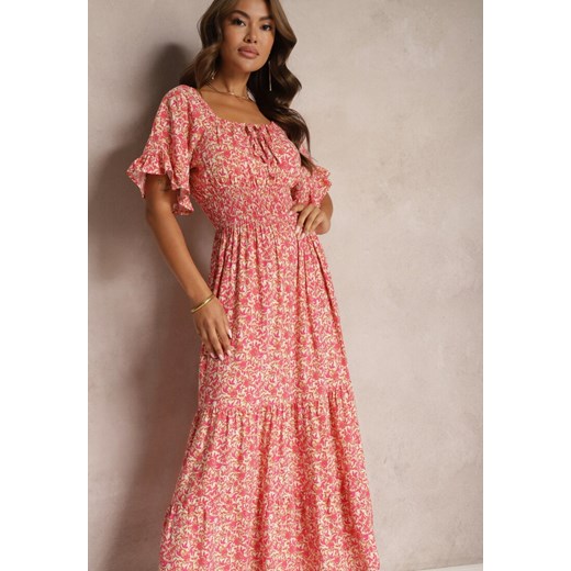 Różowo-Beżowa Rozkloszowana Sukienka z Bawełny Ozdobiona Wiązaniem z Gumką w Renee L wyprzedaż Renee odzież