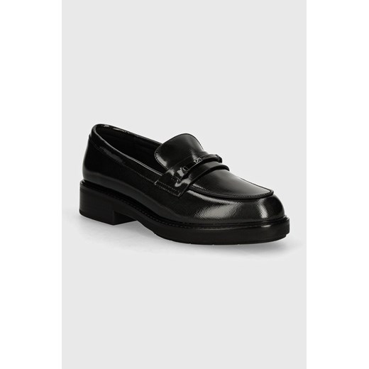 Calvin Klein mokasyny skórzane LOAFER W/M BAR SAFF LTH damskie kolor czarny na platformie HW0HW02076 ze sklepu ANSWEAR.com w kategorii Mokasyny damskie - zdjęcie 173889864
