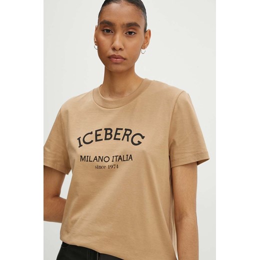 Iceberg t-shirt bawełniany damski kolor beżowy F021 6325 ze sklepu ANSWEAR.com w kategorii Bluzki damskie - zdjęcie 173894512