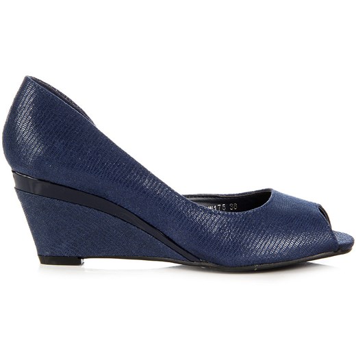 ELISA ESPOSITO LW175 granatowe czółenka damskie na koturnie peep toe butyraj-pl skóra