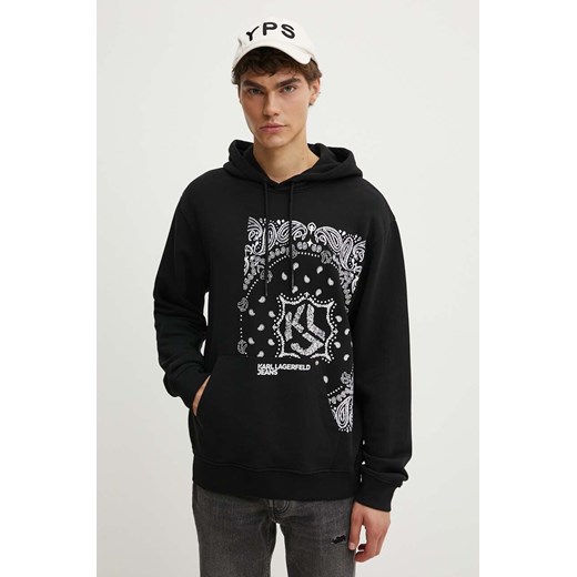 Karl Lagerfeld Jeans bluza bawełniana męska kolor czarny z kapturem z nadrukiem 245D1805 ze sklepu ANSWEAR.com w kategorii Bluzy męskie - zdjęcie 173953622