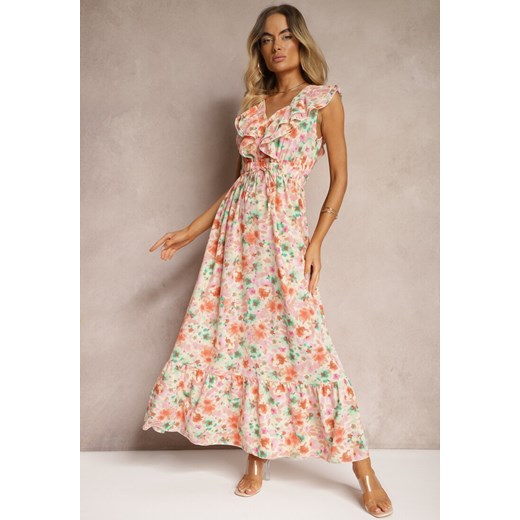 Różowa Sukienka z Gumką w Talii w Kwiatowy Wzór z Falbankami Arivia ze sklepu Renee odzież w kategorii Sukienki - zdjęcie 173959711