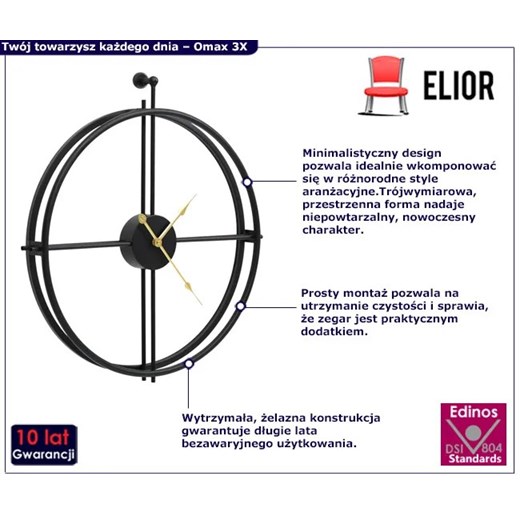 Czarny elegancki zegar ścienny ze złotymi wskazówkami 52 cm - Omax 3X Elior One Size Edinos.pl