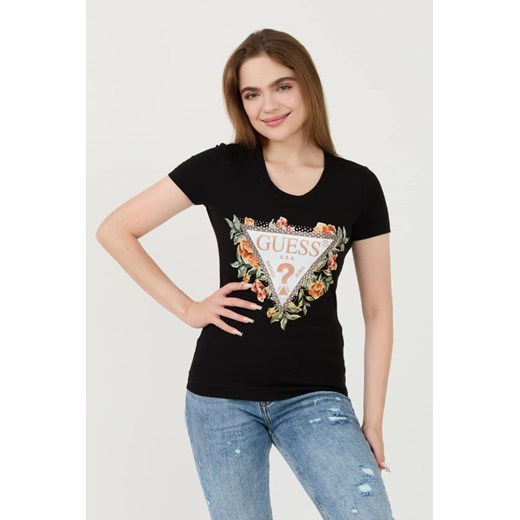 GUESS Czarny t-shirt Triangle Flowers, Wybierz rozmiar M ze sklepu outfit.pl w kategorii Bluzki damskie - zdjęcie 173970103