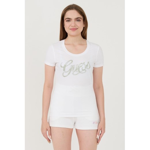 GUESS Biały t-shirt Script, Rozmiar XL ze sklepu outfit.pl w kategorii Bluzki damskie - zdjęcie 173970121