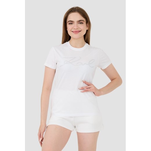 KARL LAGERFELD Biały t-shirt Rhinestone Logo, Rozmiar L ze sklepu outfit.pl w kategorii Bluzki damskie - zdjęcie 173970310