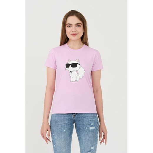 KARL LAGERFELD Lawendowy t-shirt Ikonik 2.0 Choupette, Rozmiar XS ze sklepu outfit.pl w kategorii Bluzki damskie - zdjęcie 173970324