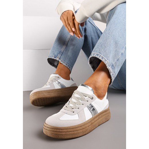 Szaro--Srebrne Sneakersy na Grubej Podeszwie z Ozdobnymi Przeszyciami Ysdole ze sklepu renee.pl w kategorii Buty sportowe damskie - zdjęcie 174012502