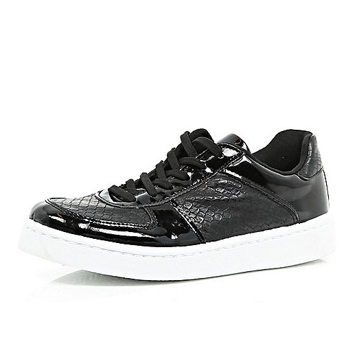 Black chunky patent lace up trainers river-island  