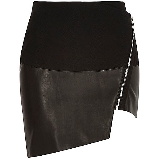 Black leather-look asymmetric wrap skirt river-island  Spódnice asymetryczne