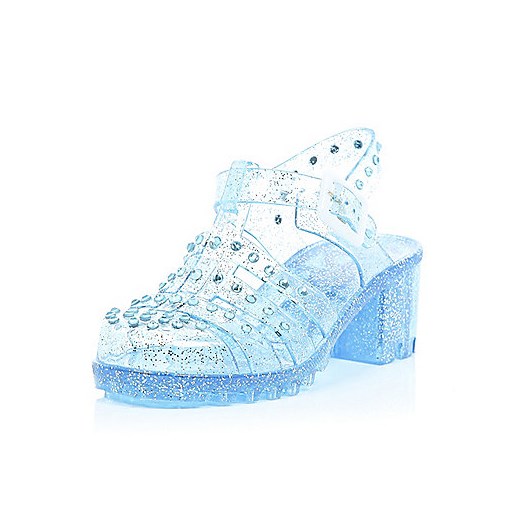 Girls blue glittery studded heel jelly shoes river-island  