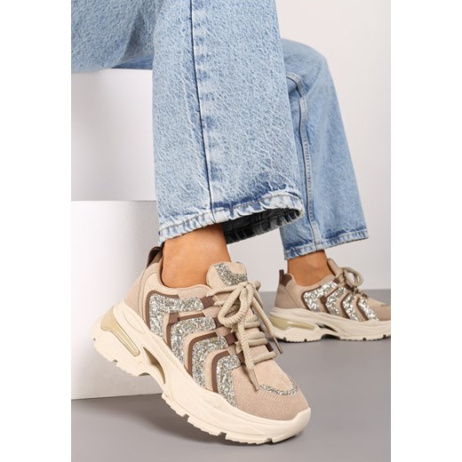 Ciemnobeżowe Brokatowe Sneakersy na Grubej Podeszwie Wlanna ze sklepu born2be.pl w kategorii Buty sportowe damskie - zdjęcie 174030174