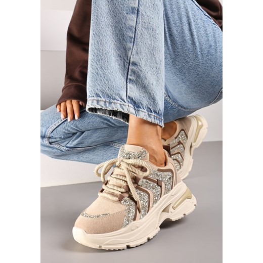 Ciemnobeżowe Sznurowane Sneakersy na Platformie Ozdobione Brokatem Ewla ze sklepu renee.pl w kategorii Buty sportowe damskie - zdjęcie 174030632