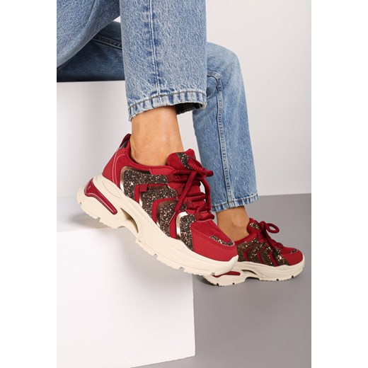 Bordowe Sznurowane Sneakersy na Platformie Ozdobione Brokatem Ewla ze sklepu renee.pl w kategorii Buty sportowe damskie - zdjęcie 174030644