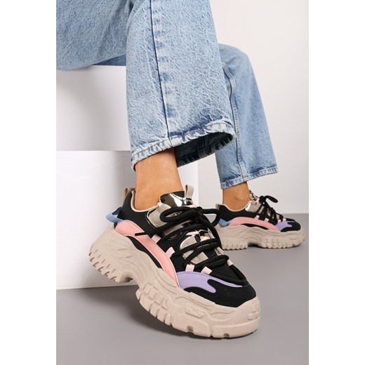 Czarne Sneakersy na Tłoczonej Platformie Wykończone Podwójnym Sznurowaniem Elirica ze sklepu renee.pl w kategorii Buty sportowe damskie - zdjęcie 174030752