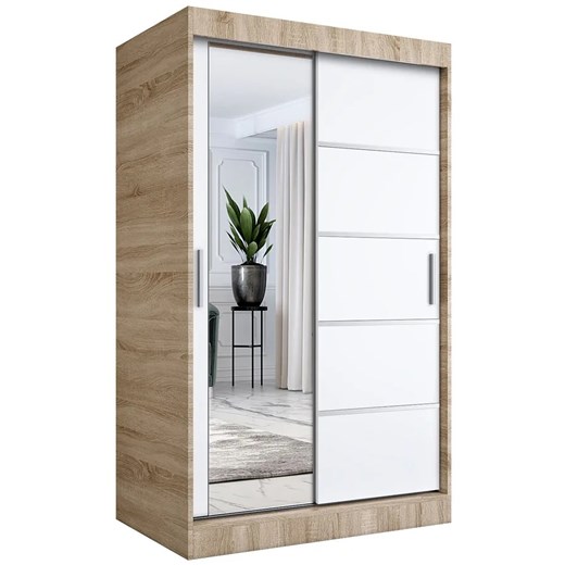 Szafa przesuwna 120 cm dąb sonoma + biel W0-P88 ze sklepu Edinos.pl w kategorii Szafy - zdjęcie 174036321
