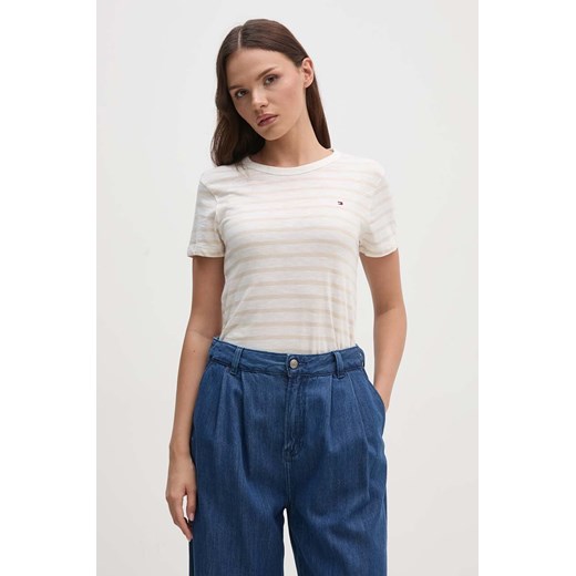 Tommy Hilfiger t-shirt bawełniany damski kolor beżowy WW0WW37857 ze sklepu ANSWEAR.com w kategorii Bluzki damskie - zdjęcie 174044881