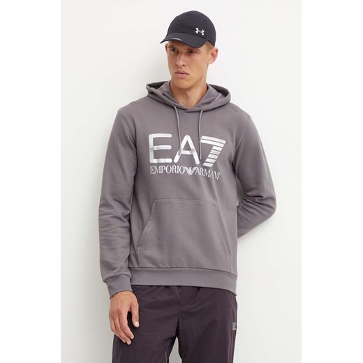 EA7 Emporio Armani bluza bawełniana męska kolor szary z kapturem z nadrukiem PJSHZ.6DPM16 ze sklepu ANSWEAR.com w kategorii Bluzy męskie - zdjęcie 174044942