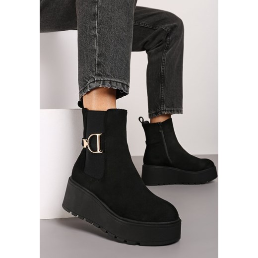 Czarne Botki Sztyblety na Platformie Wykończone Metaliczną Klamrą Vliteia Renee 38 okazyjna cena renee.pl