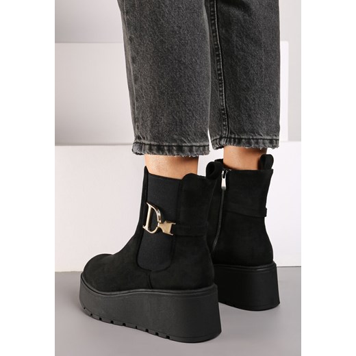 Czarne Botki Sztyblety na Platformie Wykończone Metaliczną Klamrą Vliteia Renee 39 wyprzedaż renee.pl