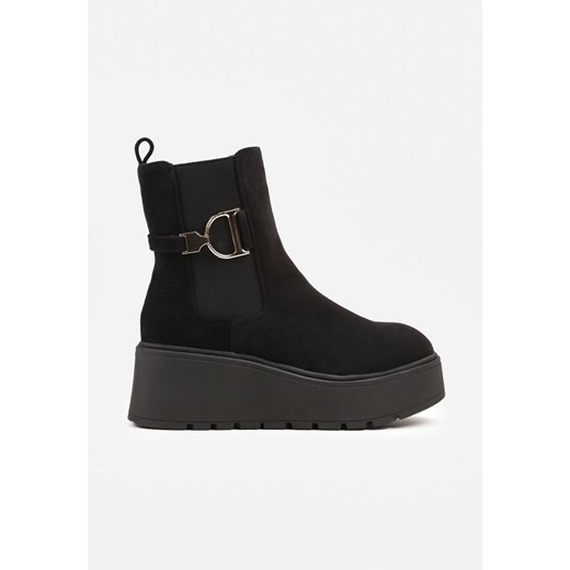 Czarne Botki Sztyblety na Platformie Wykończone Metaliczną Klamrą Vliteia Renee 39 promocja renee.pl
