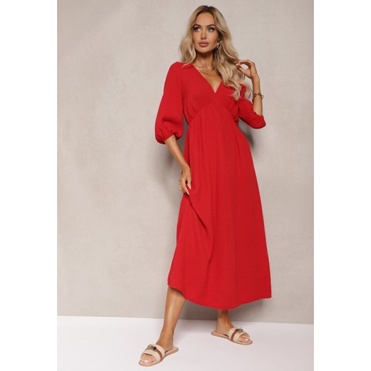 Czerwona Sukienka z Bawełny Ozdobiona Wiązaniem i Gumką w Pasie Wlarina ze sklepu Renee odzież w kategorii Sukienki - zdjęcie 174050231