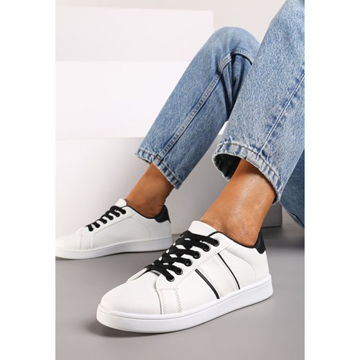 Biało-Czarne Sznurowane Sneakersy na Płaskiej Podeszwie Wykończone Paskami Elinela ze sklepu renee.pl w kategorii Buty sportowe damskie - zdjęcie 174070823
