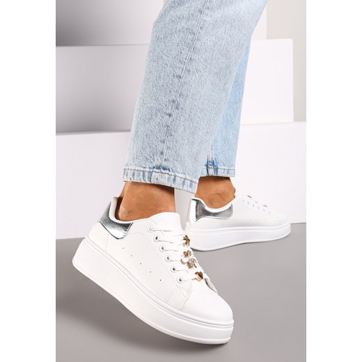 Biało-Srebrne Sneakersy na Platformie Wykończone Cyrkoniowymi Aplikacjami Vliorina ze sklepu renee.pl w kategorii Buty sportowe damskie - zdjęcie 174070853