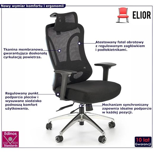 Obrotowy ergonomiczny czarny fotel z regulowanym zagłówkiem - Impero Elior One Size Edinos.pl