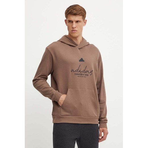 adidas bluza bawełniana Brand Love męska kolor brązowy z kapturem z aplikacją IW3534 ze sklepu ANSWEAR.com w kategorii Bluzy męskie - zdjęcie 174083284