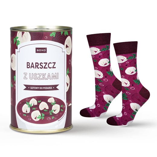 Skarpetki męskie | damskie kolorowe SOXO GOOD STUFF zabawne barszcz z uszkami w puszce + przepis w pojemniku ze sklepu Sklep SOXO w kategorii Skarpetki męskie - zdjęcie 174092194