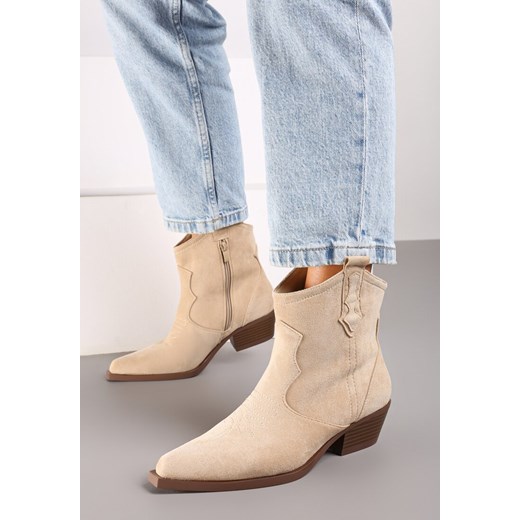 Beżowe Botki Kowbojki na Obcasie na Suwak Evitha ze sklepu born2be.pl w kategorii Botki - zdjęcie 174113002