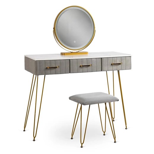Szara toaletka glamour z taboretem i lustrem LED - Waxa Elior One Size Edinos.pl