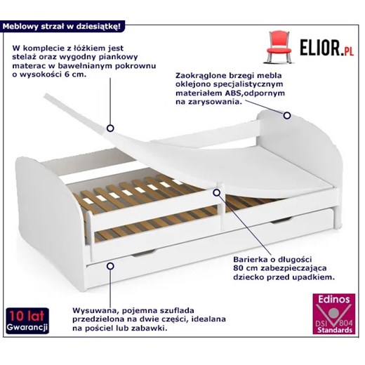 Białe łóżko dziecięce z szufladą - Ellsa 3X 70x140 Elior One Size Edinos.pl