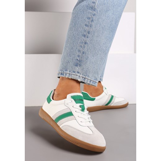 Biało-Zielone Sneakersy ze Skóry Naturalnej na Płaskiej Podeszwie Wykończone Paskami Navinda ze sklepu renee.pl w kategorii Buty sportowe damskie - zdjęcie 174138044