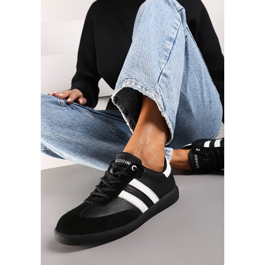 Czarne Sneakersy ze Skóry Naturalnej na Płaskiej Podeszwie Wykończone Paskami Navinda ze sklepu renee.pl w kategorii Buty sportowe damskie - zdjęcie 174138050