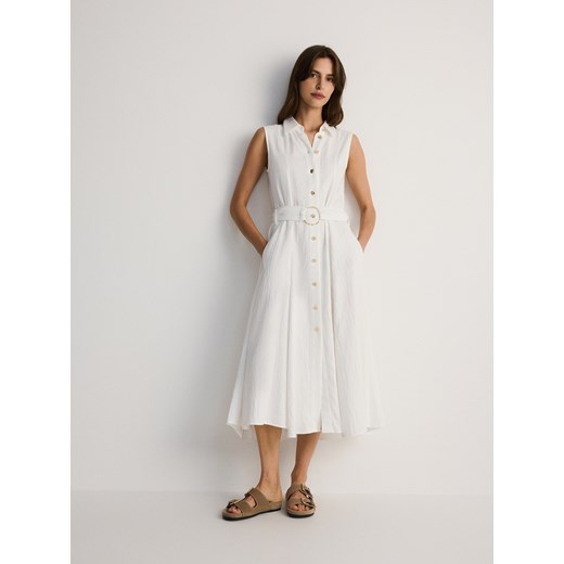 Reserved - Koszulowa sukienka midi z odkrytymi ramionami - złamana biel ze sklepu Reserved w kategorii Sukienki - zdjęcie 174151013