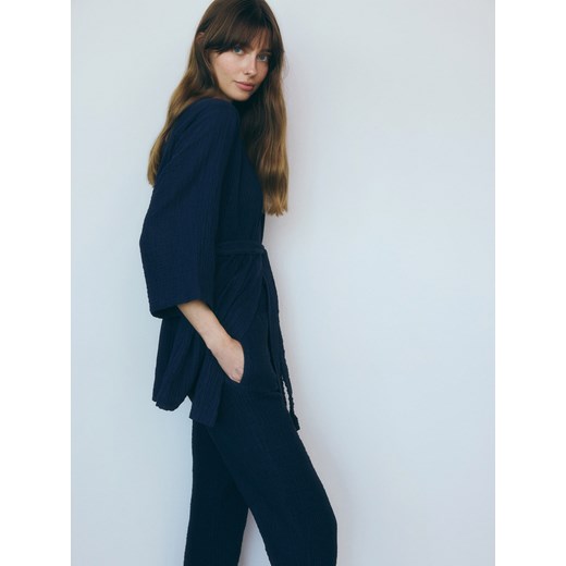 Reserved - Spodnie z bawełnianego muślinu - granatowy Reserved XL Reserved