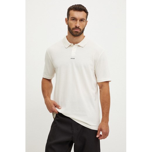 HUGO polo bawełniane kolor beżowy gładki 50493206 ze sklepu ANSWEAR.com w kategorii T-shirty męskie - zdjęcie 174166652
