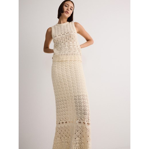 Reserved - Ażurowa spódnica maxi - kremowy Reserved M promocja Reserved