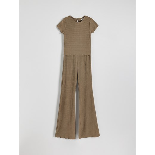 Reserved - Dwuczęściowa piżama ze strukturalnej dzianiny - beżowy Reserved L Reserved