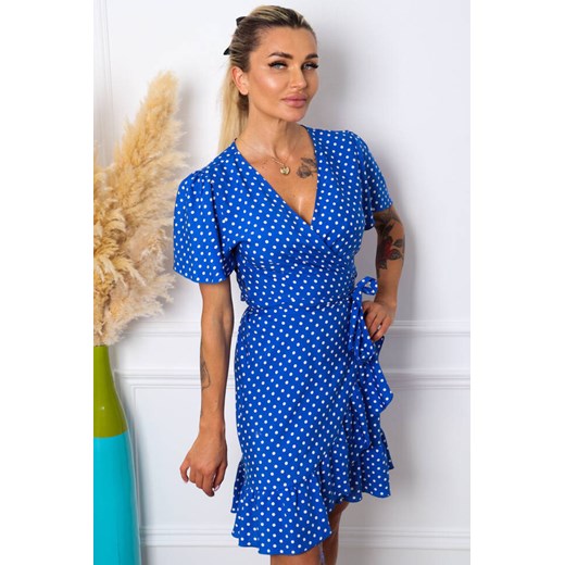 SUKIENKA KOPERTOWA W KROPKI Z PASKIEM- NIEBIESKA Olika XL/XXL promocja olika.com.pl