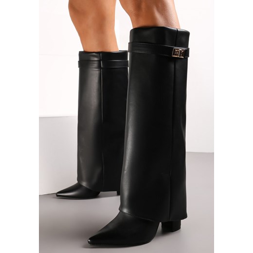 Czarne Kozaki na Słupku z Wywiniętą Cholewką i Noskiem w Szpic Selvaggia ze sklepu renee.pl w kategorii Kozaki damskie - zdjęcie 174275754