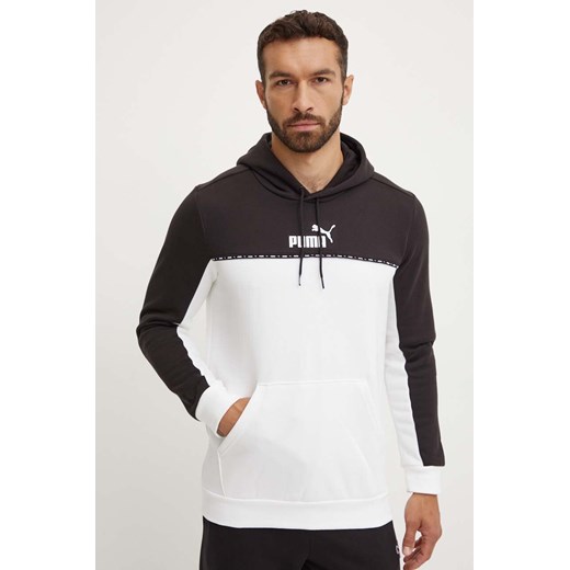 Puma bluza ESS BLOCK x TAPE męska kolor biały z kapturem wzorzysta 673342 ze sklepu ANSWEAR.com w kategorii Bluzy męskie - zdjęcie 174282162