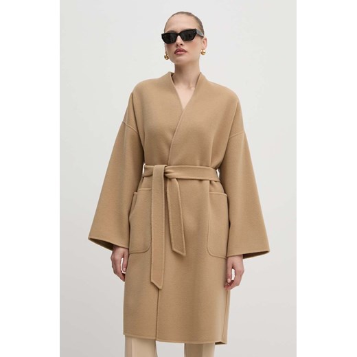 Weekend Max Mara płaszcz wełniany kolor beżowy przejściowy niezapinany 2425016011600 ze sklepu ANSWEAR.com w kategorii Płaszcze damskie - zdjęcie 174282331