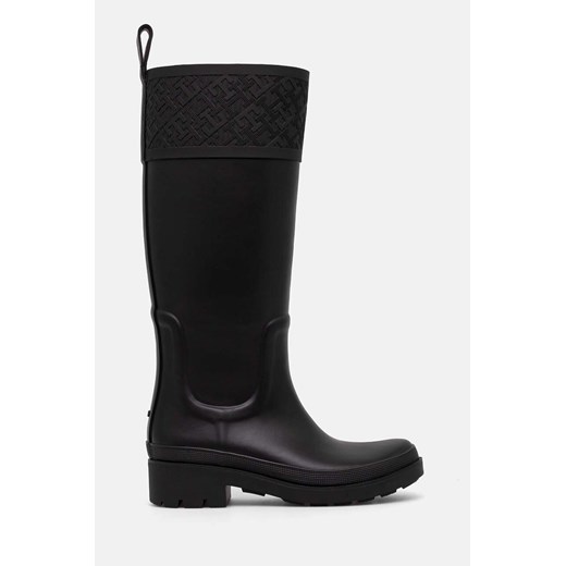 Tommy Hilfiger kalosze RUBBER LONG BOOT MONOGRAM damskie kolor czarny FW0FW08161 ze sklepu ANSWEAR.com w kategorii Kalosze damskie - zdjęcie 174282944