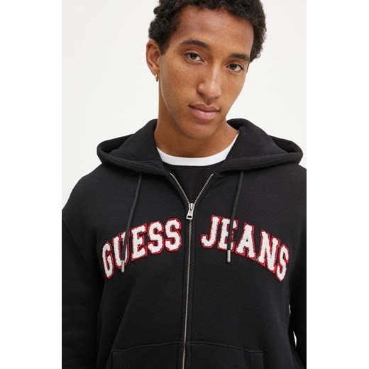 Guess Jeans bluza męska kolor czarny z kapturem z aplikacją M4YQ26 K9V31 ze sklepu ANSWEAR.com w kategorii Bluzy męskie - zdjęcie 174567372