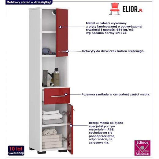 Nowoczesny regał łazienkowy z półkami biały + czerwony połysk - Orraro 4X Elior One Size Edinos.pl