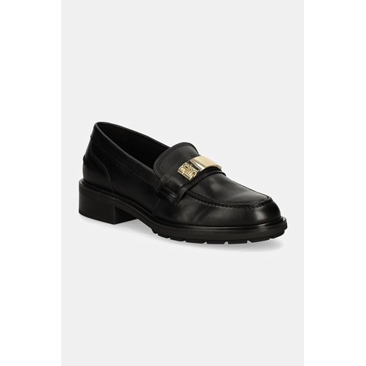 Tommy Hilfiger mokasyny skórzane TH LOGO LEATHER LOAFER damskie kolor czarny na platformie FW0FW08257 ze sklepu ANSWEAR.com w kategorii Mokasyny damskie - zdjęcie 174598630