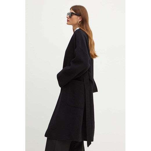 Weekend Max Mara płaszcz wełniany kolor czarny przejściowy niezapinany 2425016011600 ze sklepu ANSWEAR.com w kategorii Płaszcze damskie - zdjęcie 174604272